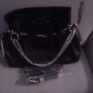 Badgley Mischka Black Leather Shoulder Bag with Top Handles
